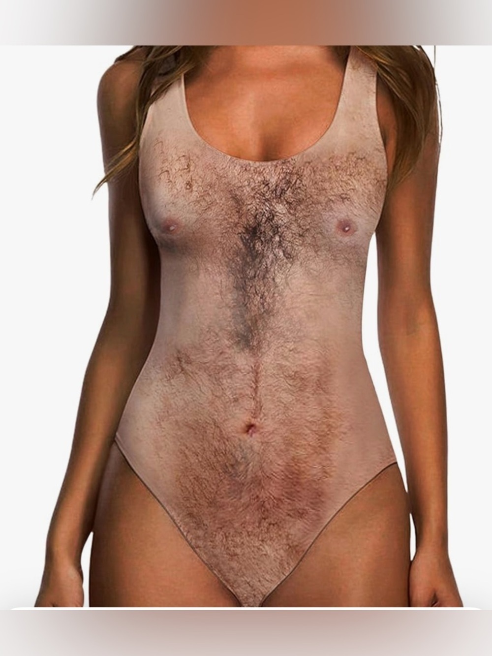 New-2XL Fun Novelty One-Piece Swimsuit with Realistic Torso Print - Nude Tones